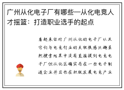 广州从化电子厂有哪些—从化电竞人才摇篮：打造职业选手的起点